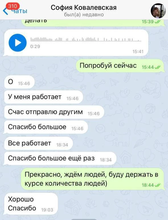 Переписка в Telegram: у клієнтки все працює, дякує за допомогу, ми чекаємо на нових учасників